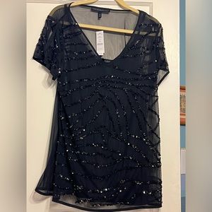 White House Black Market sequined black split sleeved tunic, Size L